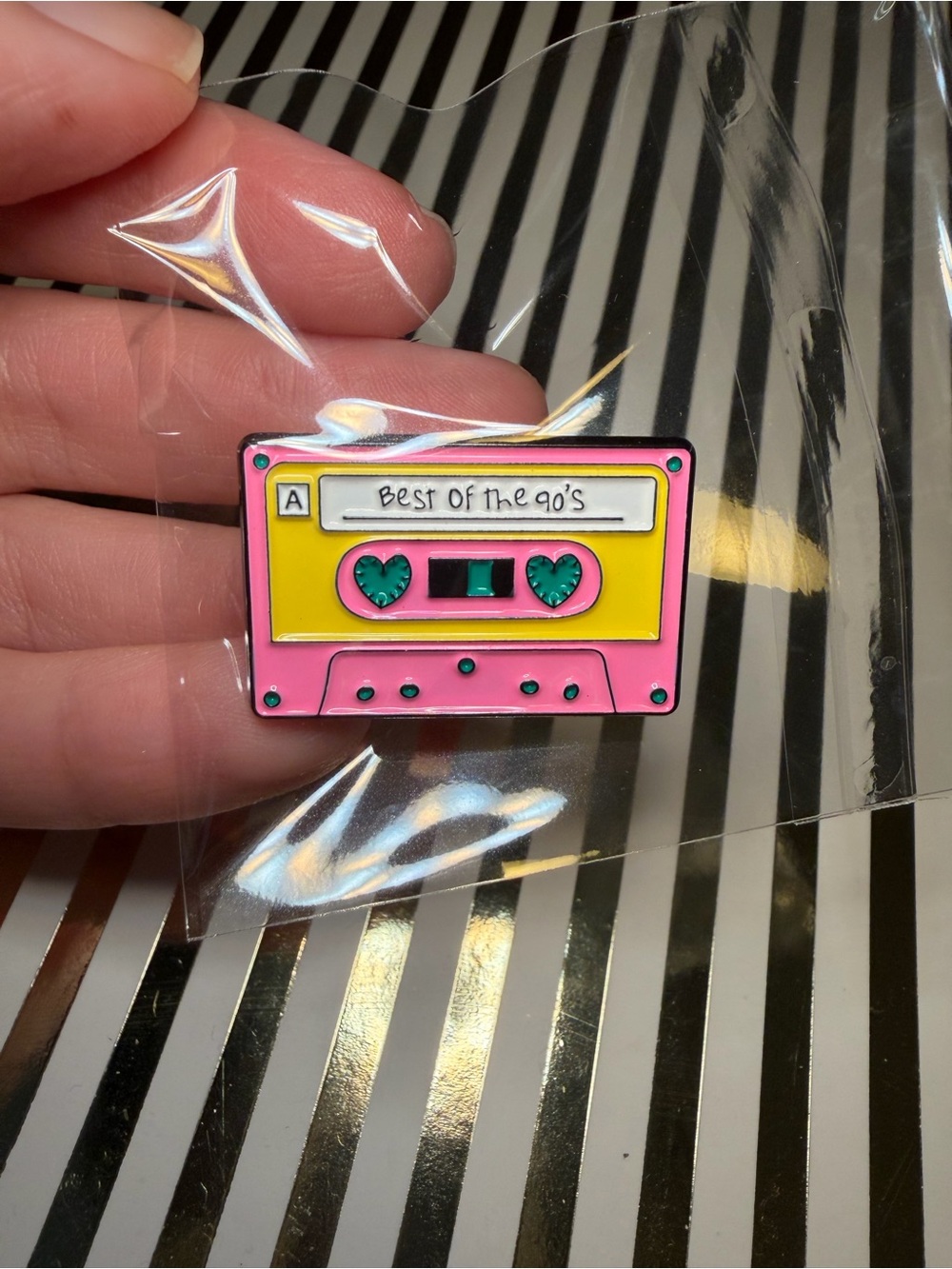 Retro Pink & Yellow 'Best of the 90's' Cassette Enamel Pin - Picture 2 of 2